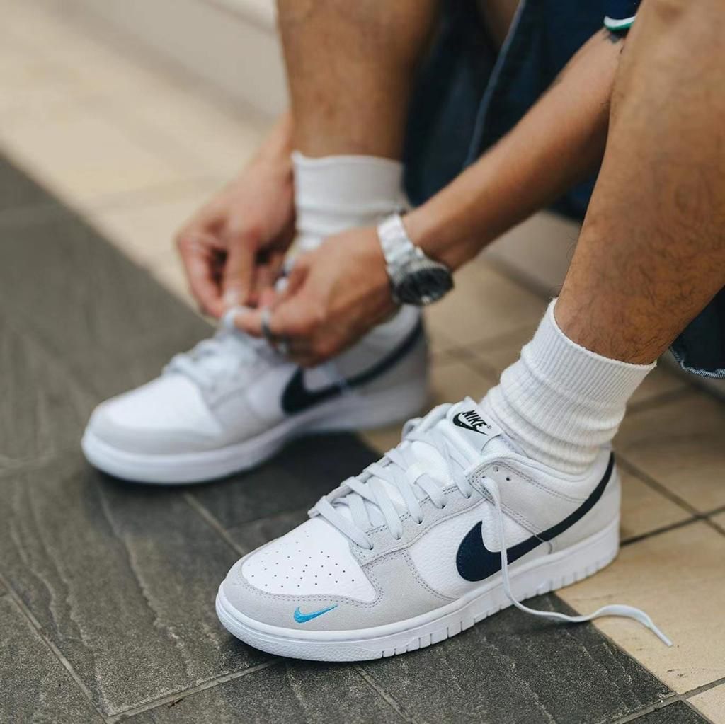 Nike Dunk Low White Grey Navy Aqua Mini Swoosh